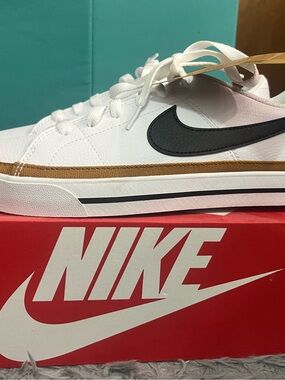 Nike Men’s Court Legacy White Sneakers with Black Swoosh and Tan Accent